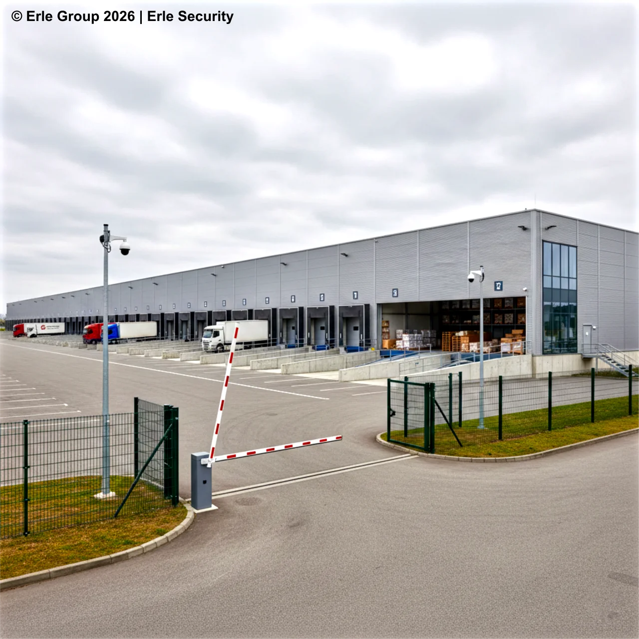 Logistikbetrieb mit Lagerhalle, Lieferfahrzeugen und Schrankenanlage – Sicherheitslösung