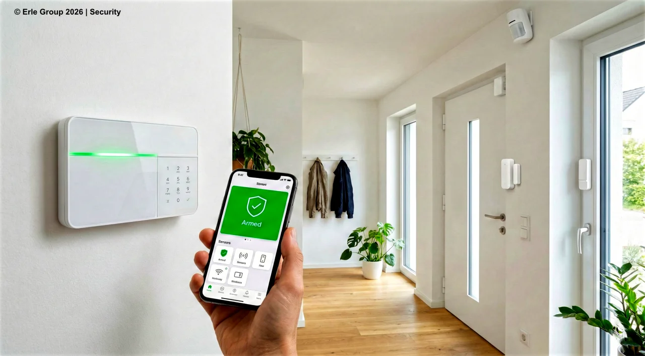 Moderne Funk-Alarmanlage mit Zentrale und Sensoren im Einfamilienhaus