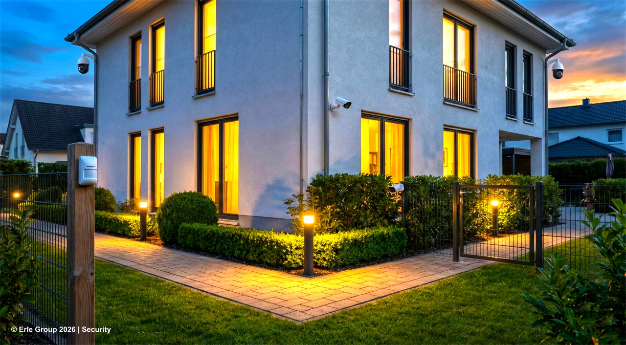 Perimeterschutz mit Bewegungsmeldern und Beleuchtung am Grundstückszaun