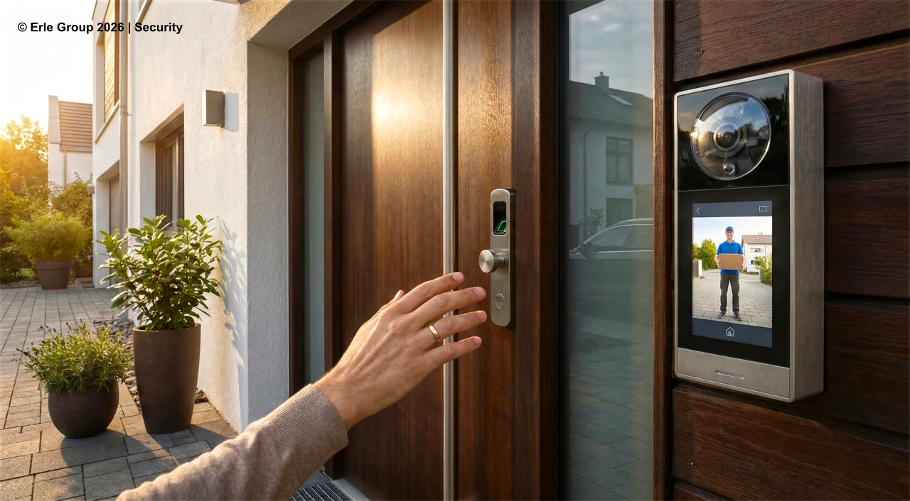 Video-Türklingel und smartes Türschloss am Eingang eines Einfamilienhauses