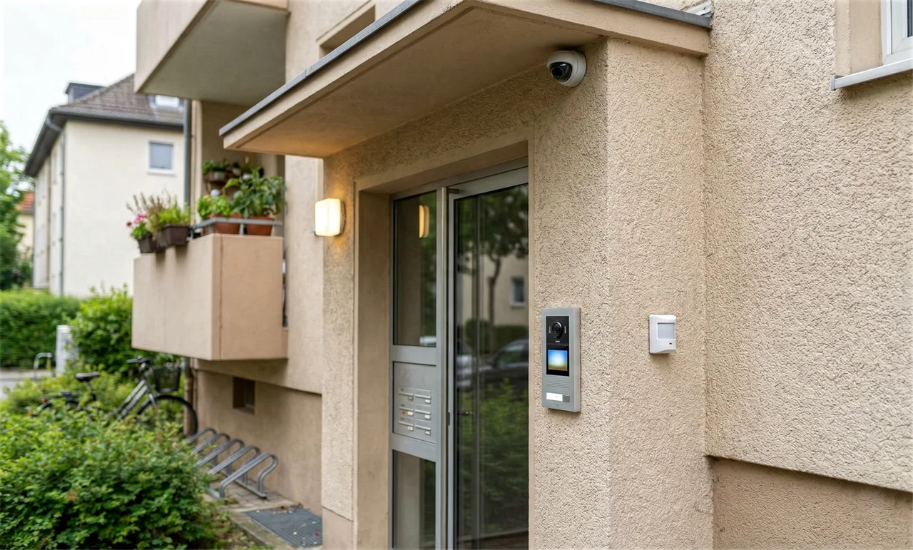 Moderne Haustür mit Keypad und Videoüberwachung – Gebäudeschutz