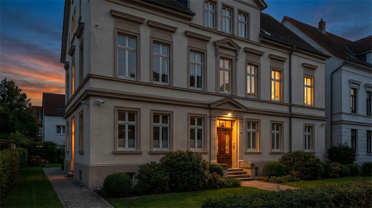 Modernes Haus mit Sicherheitstechnik bei Dämmerung – Erle Security