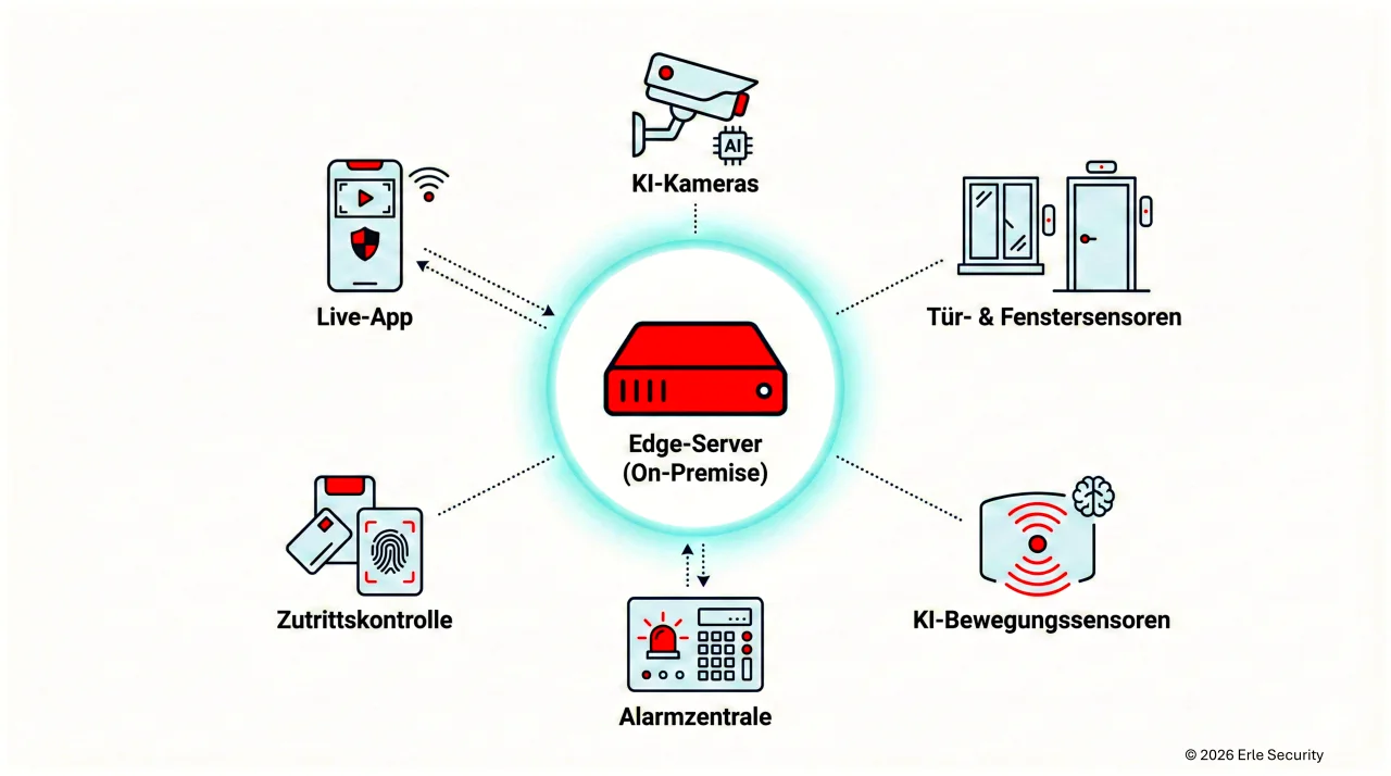 Erle Security Gebäudeschutz-Architektur – Edge-Server, Kameras, Sensoren, Alarmsystem