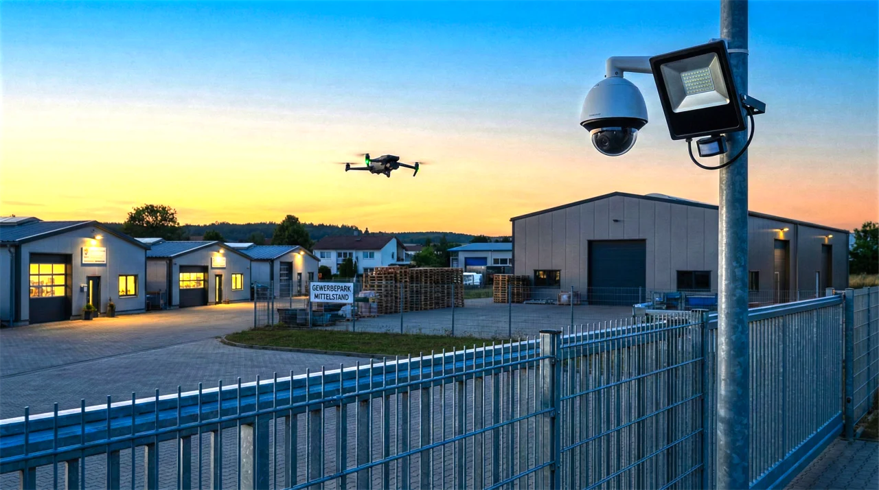 Betriebsgelände mit Perimeterzaun und Überwachungskamera bei Dämmerung – Geländeschutz von Erle Security für Handwerk, Gewerbe und Industrie
