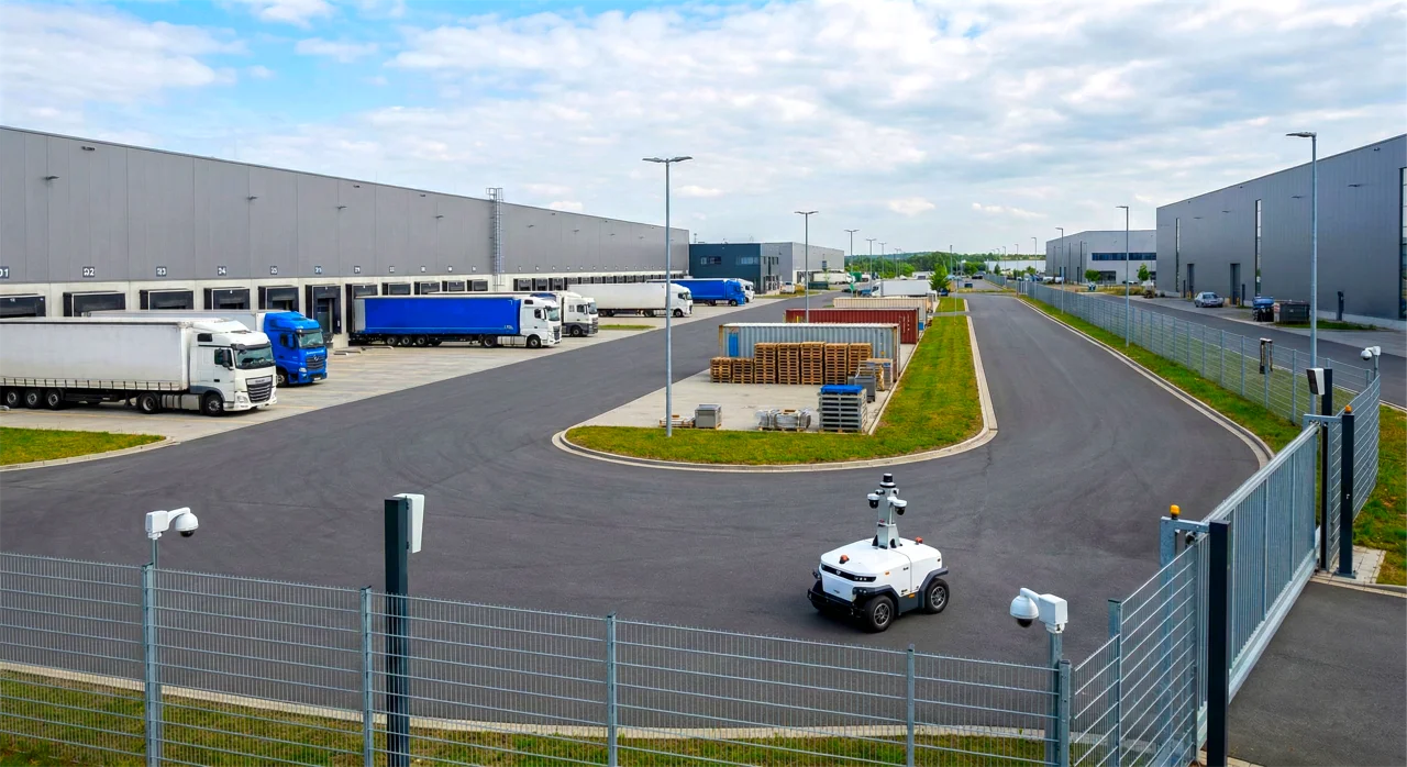 Großes Industriegelände mit Lagerhallen und Logistikbereich – Geländeschutz für Industrie