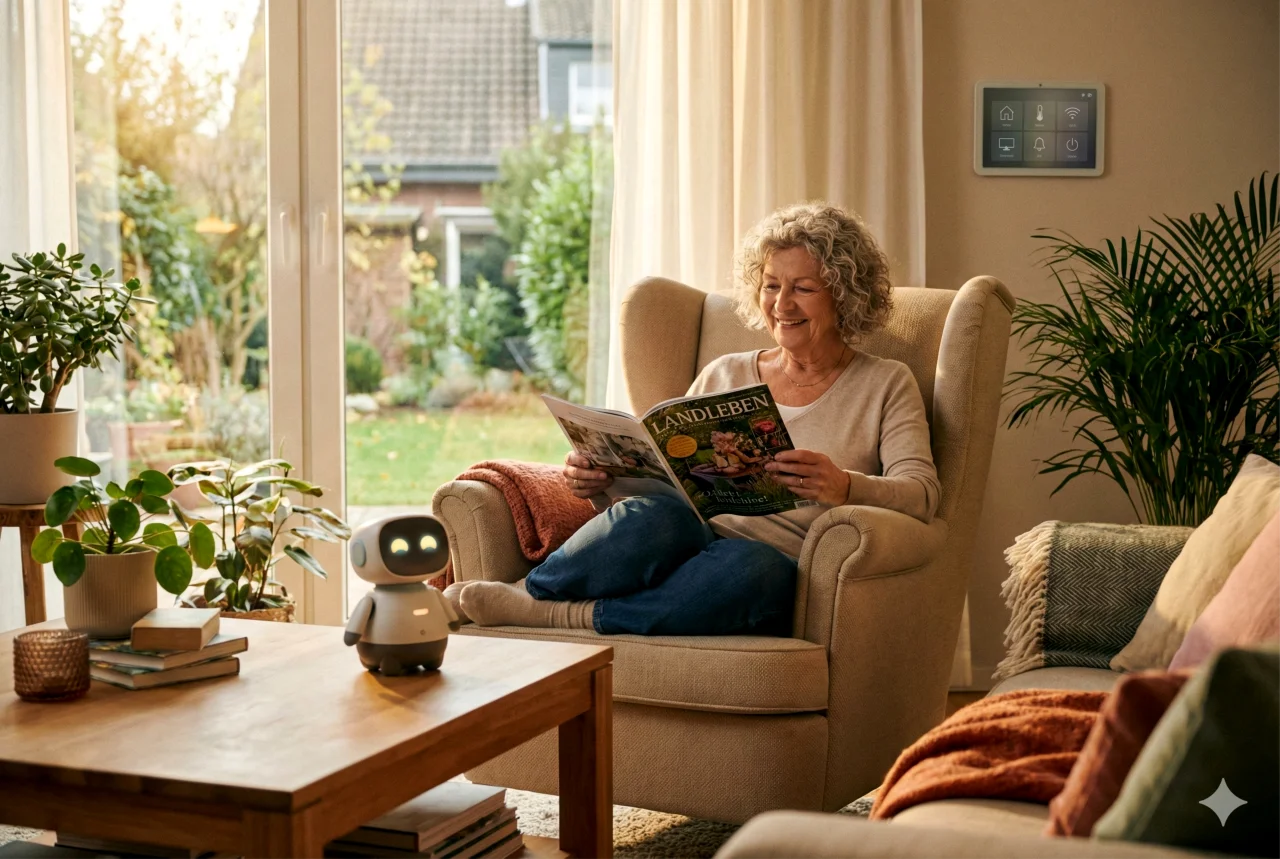 Seniorin entspannt zu Hause mit Smart-Home-System und freundlichem Assistenzroboter – Personenschutz von Erle Security